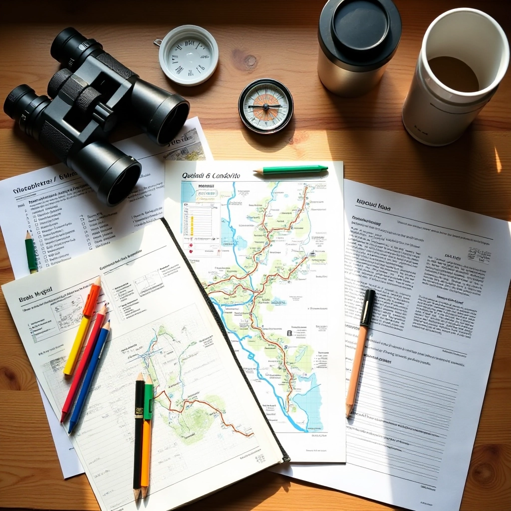 Espacio de trabajo del equipo editorial con notas de investigación, mapas de senderos y documentación sobre la Quebrada del Condorito