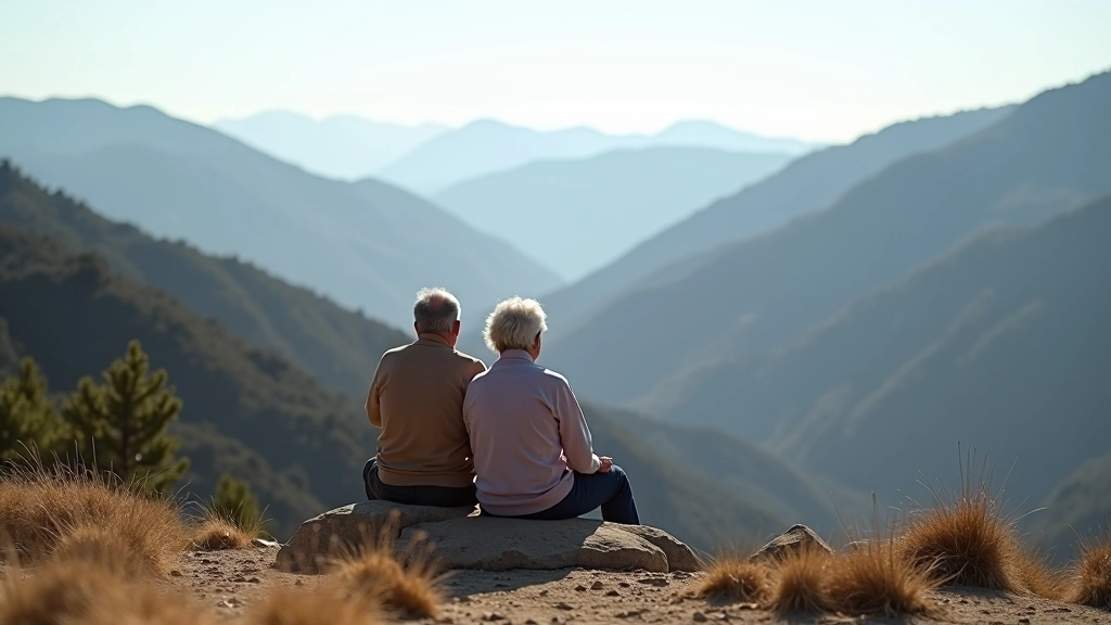 Pareja de jubilados descansando en montaña